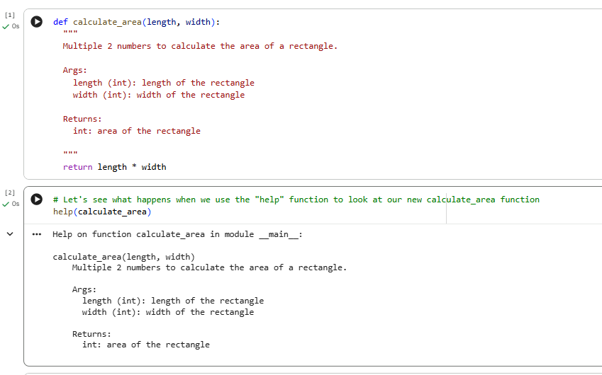 A Python function calculate_area with a completed docstring, which is shown when the help() function is called.